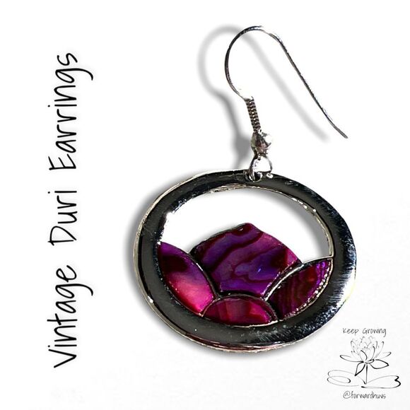 Vintage Duri Abalone Inlay Earrings | Silver Tone Design - Picture 6 of 11